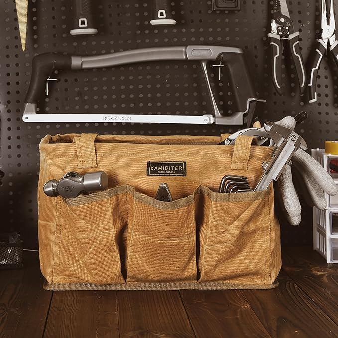Durable 16OZ Waxed Canvas Tool Bag with Metal Frame, 13.5 Inch Large Collapsible Storage Tool Tote(Khaki | 13.5 X 7.8 X 7.8in)