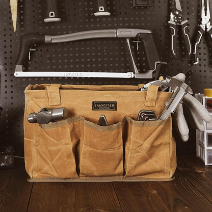 Durable 16OZ Waxed Canvas Tool Bag with Metal Frame, 13.5 Inch Large Collapsible Storage Tool Tote(Khaki | 13.5 X 7.8 X 7.8in)