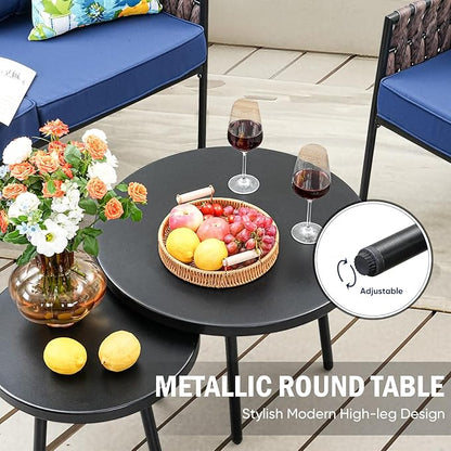 Patio Furniture Set, 3-Piece Wider Outdoor Metal Seating Sofa with High Back, Coffee Ta ble, All Weather Rattan Conversation for Garden,Backyard, Poolside-Navy