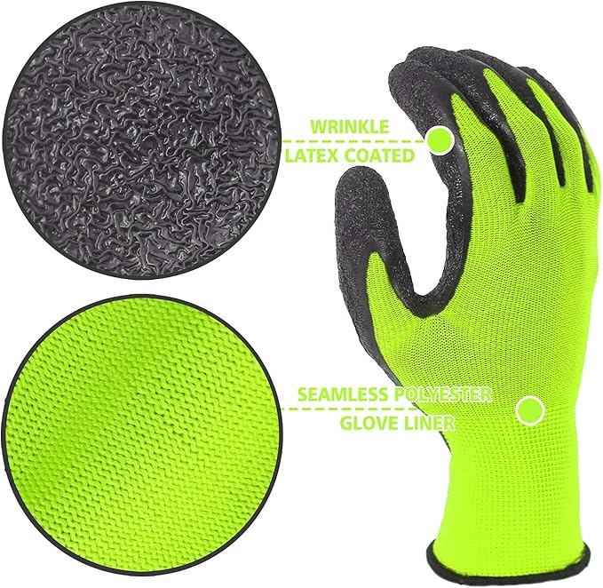 Evridwear Crinkle Latex Rubber Hand Coated Safety Work Gloves for Men Women General Multi Use Construction Warehouse Gardening Assembly Landscaping,Green X-Small 120 Pairs Pack