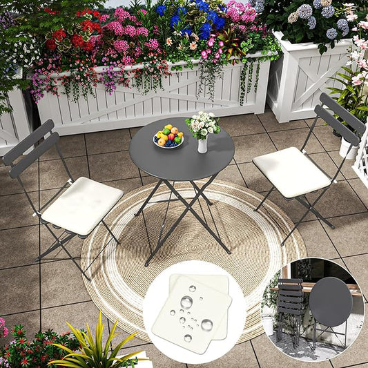 3-Piece Patio Bistro Set Outdoor Furniture Set Folding Bistro Table and Chairs with Premium Steel Frame Weather Resistant Conversation Set for Bistro Balcony Porch Yard Garden(grey with cushion)