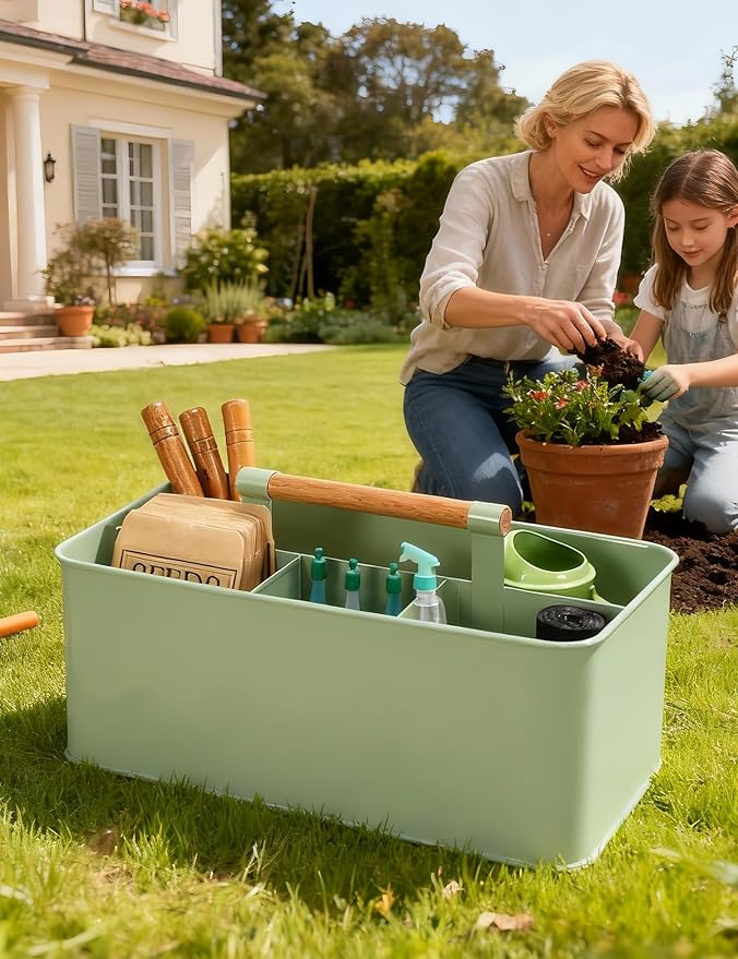 Gardening Tool Caddy, Garden Tool Basket with 4 Compartments, Metal Garden Caddy with Wooden Handle for Indoor & Outdoor