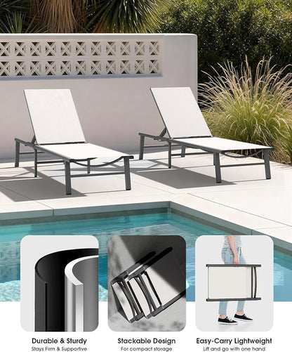 Ciokea Foldable Outdoor Lounge Chair Set of 2, No Assembly Aluminum Chaise Lounge Outdoor with 5 Adjustable Positions, Pool Lounge Chairs with Portable Design for Pool, Deck, Beach, Patio (White)
