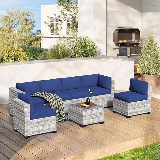 7-Piece Outdoor Sectional Patio Furniture Set, All-Weather Wicker Rattan Sofa w/Thick Washable Cushions & Tempered Glass Table, Perfect for Garden, Poolside, Backyard (7, Graywhite&Navy Blue)
