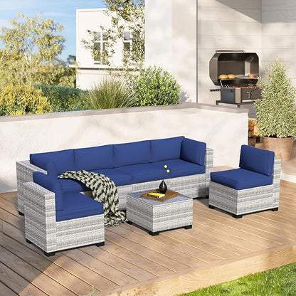 7-Piece Outdoor Sectional Patio Furniture Set, All-Weather Wicker Rattan Sofa w/Thick Washable Cushions & Tempered Glass Table, Perfect for Garden, Poolside, Backyard (7, Graywhite&Navy Blue)