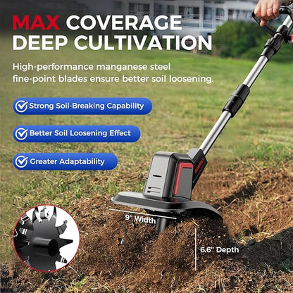 Upgraded Cordless Electric Tiller for Gardening, Total 8.0Ah Battery Powered Mini Cultivator with 2×4.0AH Batteries, 9" Width, 6.6" Depth, 48 Steel Tines Rototiller for Soil Cultivation