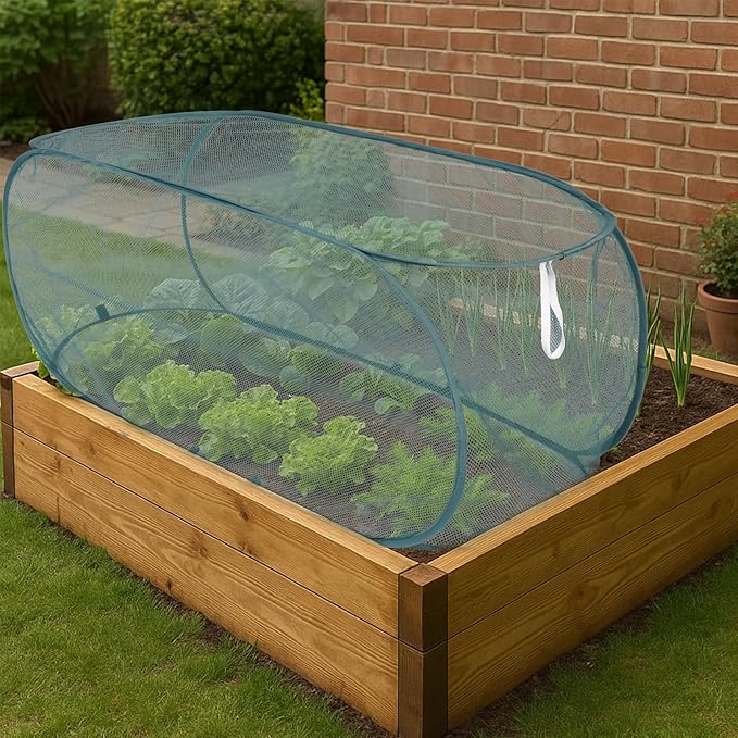 Lyreh 2pcs Pop Up Mesh Plant Cover, 39x18x16in Outdoor Pop Up Garden Netting Plant Cover with 16 Ground Stakes Suitable for Protecting Vegetables Fruits Flowers Seedlings
