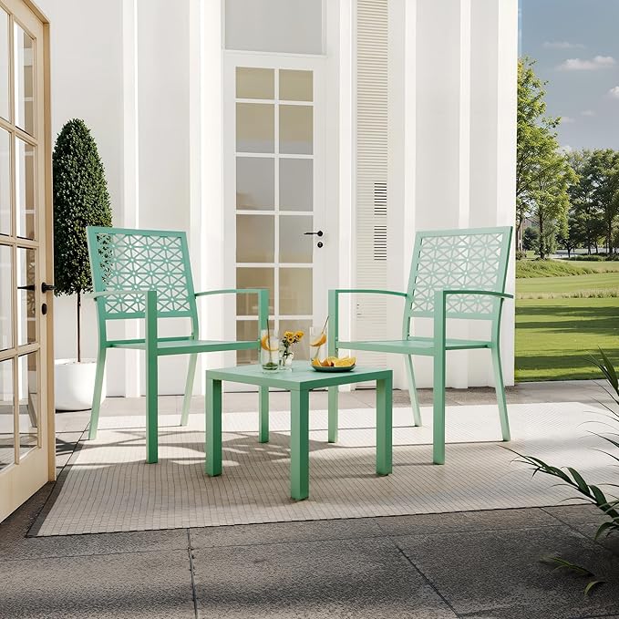 GarveeTech 3 PCS Outdoor Bistro Set, Stackable Modern Metal Steel Table and Chairs, Small Patio Furniture Conversation Set for Porch, Deck, Balcony, Garden, Geometric Decor - Mint Green