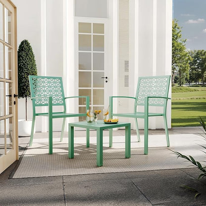 GarveeTech 3 PCS Outdoor Bistro Set, Stackable Modern Metal Steel Table and Chairs, Small Patio Furniture Conversation Set for Porch, Deck, Balcony, Garden, Geometric Decor - Mint Green