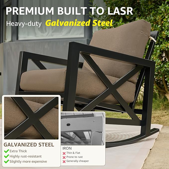 NATURAL EXPRESSIONS Rocking Chair Patio Set, 3 Piece Bistro Furniture Set with 2 Rockers, 1 Metal Coffee Table with Thick Cushions, 2 Pack Waterproof Patio Chair Covers