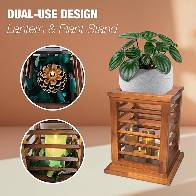 Premium 11.5" H Lantern Decorative Indoor & Outdoor - Large Wooden Candle Lantern & Plant Stand for Holiday Decor, Farmhouse, Patio, Table | Golden Teak Finish