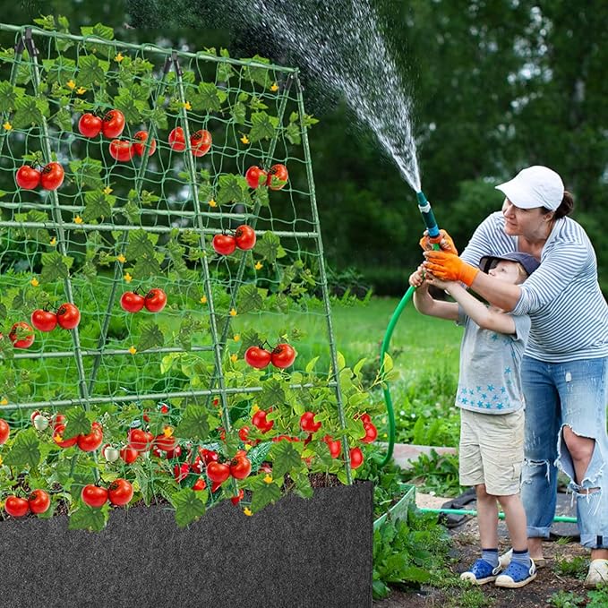 Cucumber Trellis with 46 Gallon Grows Bag, 50 x 54 Inches A Frame Outdoor Greenhouse Trellis and Fabric Raised Bed, Climbing Net and Plant Support Clips for Bean Climbing Plants