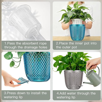 QCQHDU 2 Pack Self Watering Pots, 5.7 Inch Flower Pots with Drainage Holes and Water Filling Port, Plastic Garden Planter for Indoor Outdoor Plants (Clear)