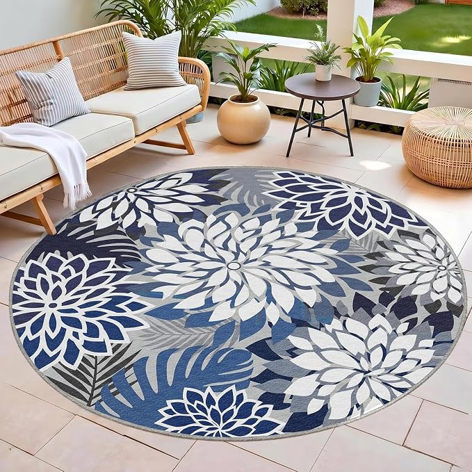 6x6 Outdoor Area Rug Washable Multicolored Patio Rug Tropical Botanical Floral Chenille Waterproof Outdoor Carpet Non-Slip for Patio, Deck, Backyard, Porch, Blue