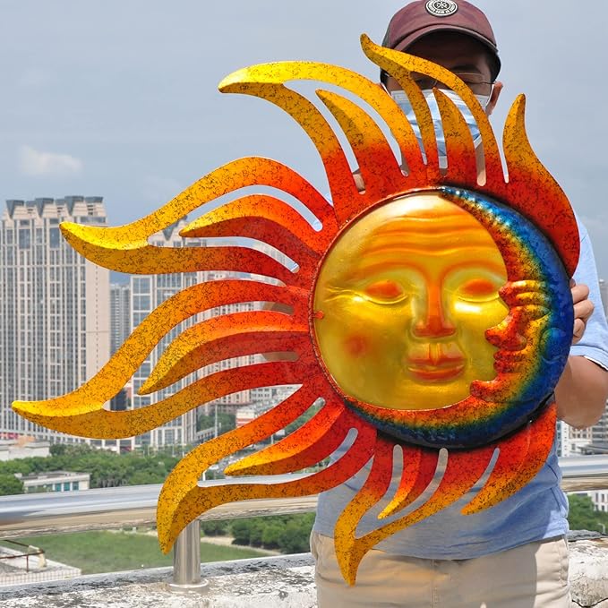 wotieuns Large Outdoor Metal Glass Sun and Moon Wall Decor Outdoor Sun Moon Wall Art 28 Inch