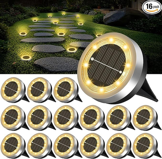 SenLuKit Mini Solar Ground Lights 16 Pack Outdoor IP65 Waterproof Solar Flat Garden Light Anti-Rust Solor Powered Disc Pathway Lights for Outside Walkway Yard Landscape Patio Lawn Driveway-Warm White