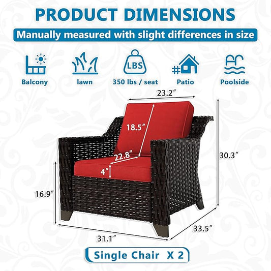VistaVibe 2 Pieces Outdoor Armchairs, Patio Conversation Furniture Set, Washable Cushions, Luxurious Hand-Woven PE Rattan, Garden, Bistro, Deck, Backyard (Brown/Red)
