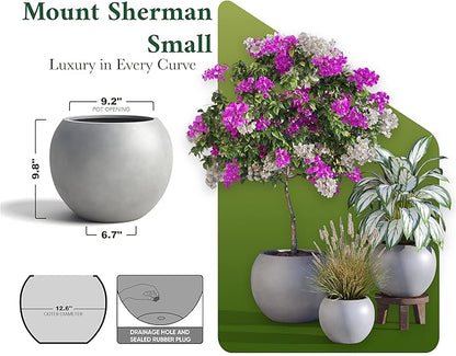 DTY Signature Mount Sherman Modern Indoor Outdoor Fiberstone Sphere Planter, Durable Round Garden Pot, Weather Resistant, Drainage Hole & Rubber Plug, Planter for Christmas Tree - Small, Gray
