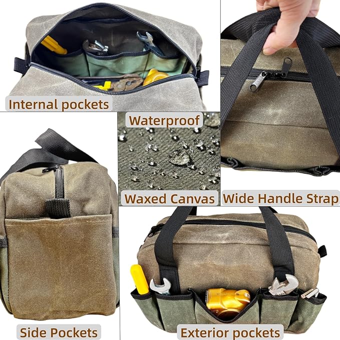 12 Inch Heavy Duty Waxed Canvas Tool Bag Organizer, Wide Mouth Tool Tote Bag, Small Tool Bag for Men Electrician Technician Mechanic Plumbing(Brown/Cyan, 12 Inch)