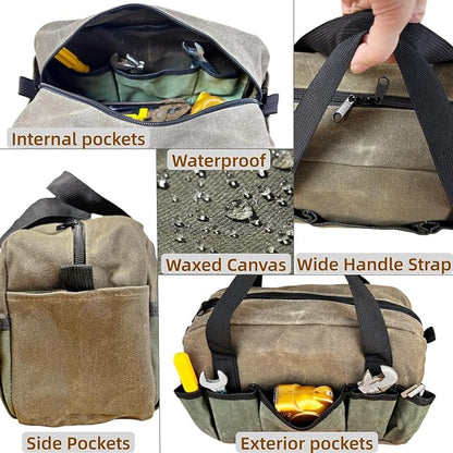 12 Inch Heavy Duty Waxed Canvas Tool Bag Organizer, Wide Mouth Tool Tote Bag, Small Tool Bag for Men Electrician Technician Mechanic Plumbing(Brown/Cyan, 12 Inch)