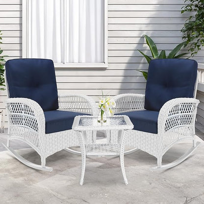 VIVIJASON 3-Piece Outdoor Conversation Bistro Set, Patio Wicker Rocking Chairs Rattan Furniture Sets w/ 2 Rattan Chairs, Cushions, Glass Top Side Table for Garden Porch Backyard (White/Navy Blue)