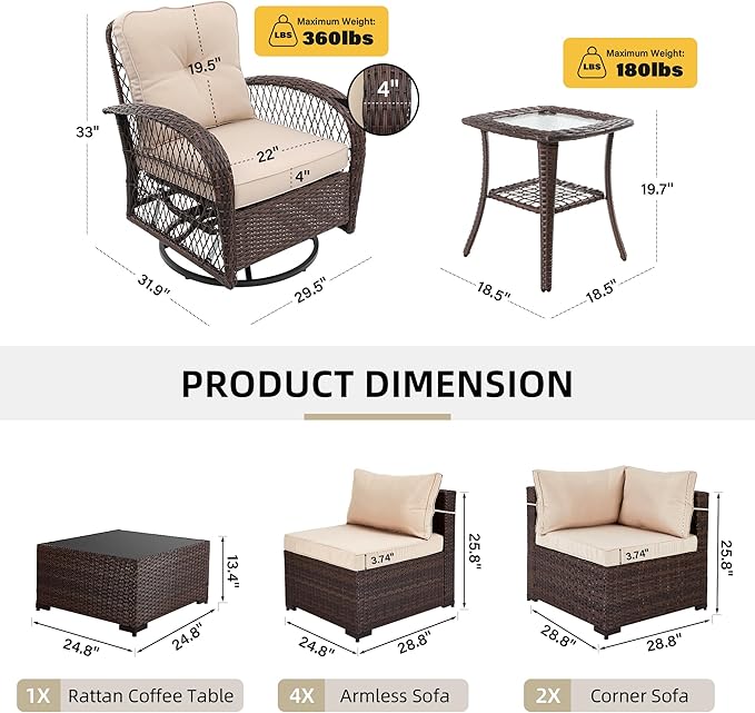 UPHA 10 Pieces Patio Furniture Sets Outdoor Sectional Sofa Wicker Conversation Couch with Bistro Swivel Chair for Decks, Backyards, Gardens, Brown Rattan, Beige Cushion