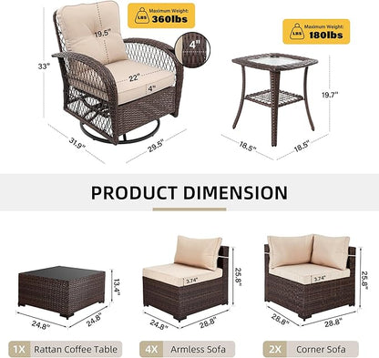 UPHA 10 Pieces Patio Furniture Sets Outdoor Sectional Sofa Wicker Conversation Couch with Bistro Swivel Chair for Decks, Backyards, Gardens, Brown Rattan, Beige Cushion