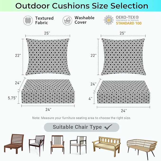 Outdoor Cushions for Patio Furniture,Outdoor Seat Cushion Set 24 x 24 x 4 Inch,Waterproof & Fade Resistant Outdoor Chair Cushions, Patio Chair Cushion, Black Geometry