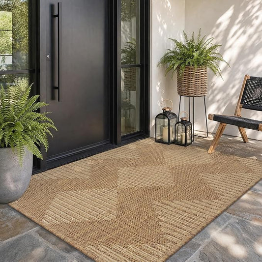 MontVoo-2x3 Outdoor Rug Porch Entryway Rug-Polypropylene Door Mat Indoor Outdoor Entrance Entry Rugs Kitchen Rugs, Textured Weave, Durable, Fade-Resistant, Non-Shedding, Boho Geometric Neutral Brown