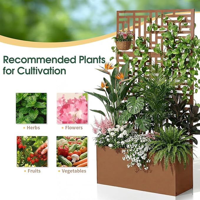 Outvita Metal Planter Box with Trellis, 71’’ x 36’’ x 16’’ Raised Garden Bed with Drainage Holes for Climbing Plants, Vegetables, Vines, Privacy Planters for Patio (Brown)