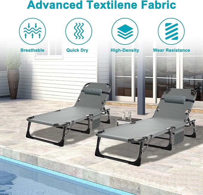 ABORON Tanning Chairs, 2 Pack, 5-Position Padded Folding Loungers | Set of 2 folding chaise lounges with 5-position backs, padded mats and pillows; supports up to 500 lb per chair.