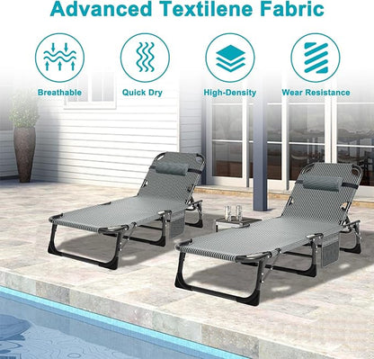 ABORON Tanning Chairs, 2 Pack, 5-Position Padded Folding Loungers | Set of 2 folding chaise lounges with 5-position backs, padded mats and pillows; supports up to 500 lb per chair.