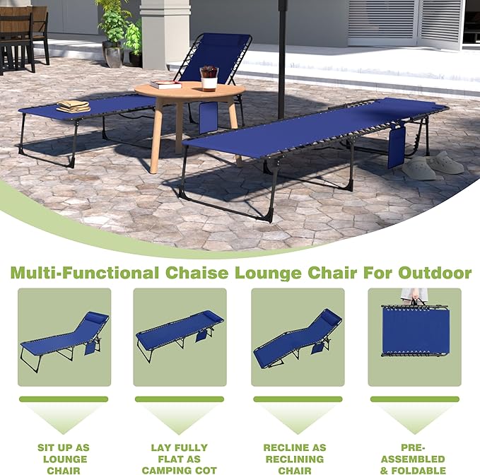 MUPATER 4-Fold Patio Chaise Lounge Chair for Outdoor with Detachable Pocket and Pillow, Portable Sun Lounger Recliner for Beach, Camping and Pool, Blue