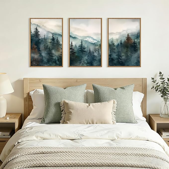 KAIRNE Watercolor Misty Forest Framed Canvas Wall Art Set, Nature Landscape Wall Decor, Foggy Mountain Pine Trees Wall Painting, Jungle Scenery Artwork for Living Room, Bedroom, Office-24 x36 x3