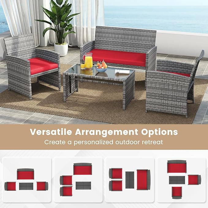 Tangkula 8 Piece Patio Wicker Furniture Set, Outdoor Heavy Duty Rattan Cushioned Chairs, Loveseat and Tempered Glass Coffee Table, for Backyard, Balcony, Poolside Red