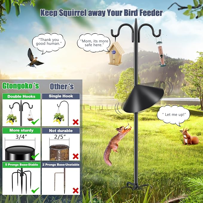 Gtongoko Squirrel Proof Bird Feeder Pole, 92 Inch Double Shepherds Hook with 19 Inch Squirrel Baffle, Heavy Duty Adjustable Outdoor Bird Feeder Stand with 5-Prong Base for Garden, Plants, Black