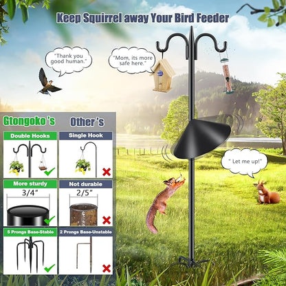 Gtongoko Squirrel Proof Bird Feeder Pole, 92 Inch Double Shepherds Hook with 19 Inch Squirrel Baffle, Heavy Duty Adjustable Outdoor Bird Feeder Stand with 5-Prong Base for Garden, Plants, Black