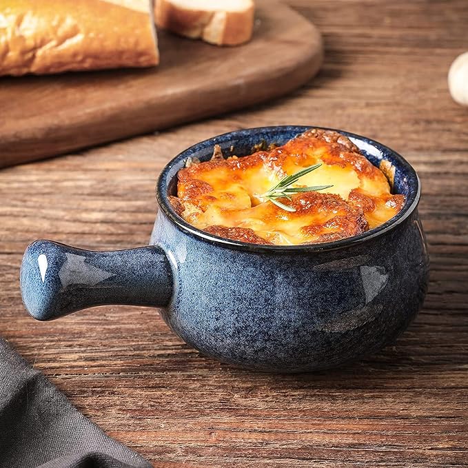 vicrays French Onion Soup Bowls With Handles, 26 Ounce for Soup, Chili, Beef Stew, Chip Resistant, Dishwasher Microwave Safe, Set of 4 (Blue)