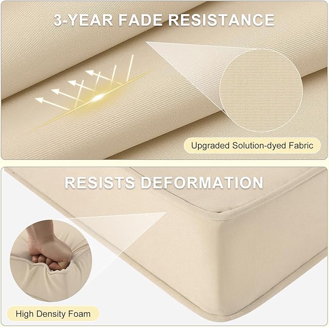downluxe Waterproof Outdoor Chair Cushions for Patio Furniture, 22" x 22" x 3" Patio Chair Cushion with Adjustable Ties & Portable Handle, Square Outdoor Cushion with Removable Cover, Beige, 2 Pack