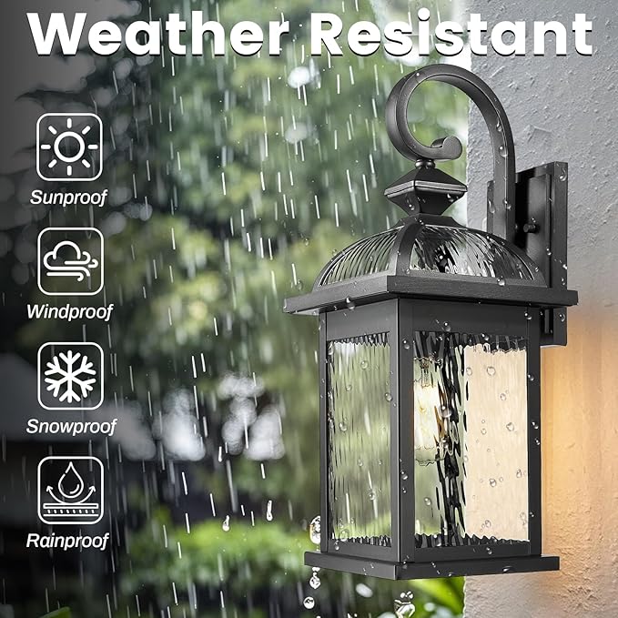 Outdoor Wall Lights Black Exterior Light Fixture Wall Mount with Water Ripple Glass 15 Inch Height Outdoor Wall Lamps 2-Pack Waterproof E26 Socket