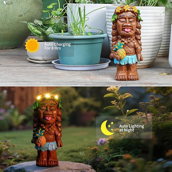 Solar Tiki Girl Garden Statues Tiki Lady Statue Holding Pineapple Figurine with Flower LED Lights for Tiki Bar Porch Patio Yard Outdoor Decorations Christmas Birthday Gardening Gift for Mom Women