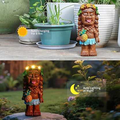 Solar Tiki Girl Garden Statues Tiki Lady Statue Holding Pineapple Figurine with Flower LED Lights for Tiki Bar Porch Patio Yard Outdoor Decorations Christmas Birthday Gardening Gift for Mom Women