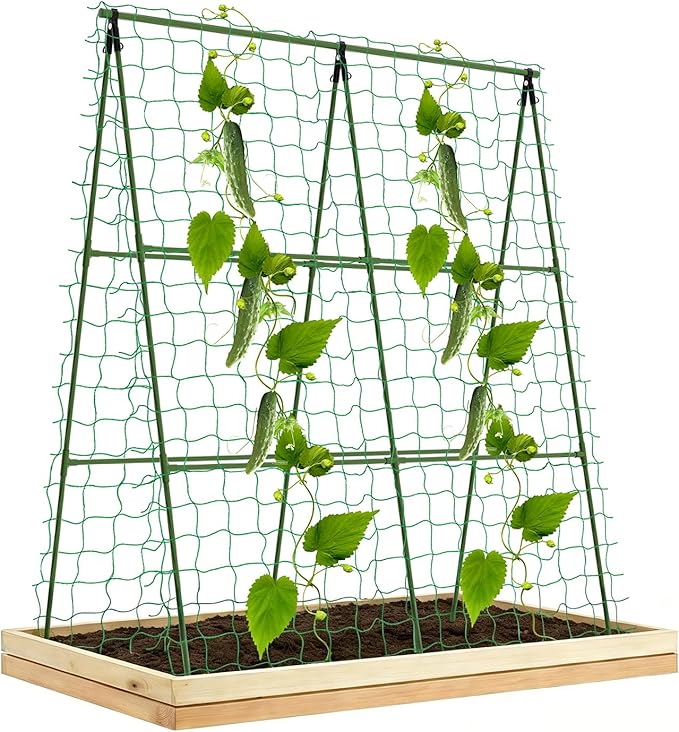 Compact A-Frame Plant Trellis for Peas, Beans & Small Climbing Plants - 47'' H x 31.5'' W PE-Coated Galvanized Steel Garden Support with Netting, Ideal for Raised Beds & Container Gardens