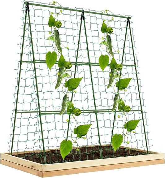 Compact A-Frame Plant Trellis for Peas, Beans & Small Climbing Plants - 47'' H x 31.5'' W PE-Coated Galvanized Steel Garden Support with Netting, Ideal for Raised Beds & Container Gardens