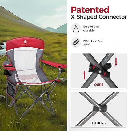 ALPHA CAMP Heavy Duty Camping Chair 500LBS Capacity, Oversized Folding Chair for Heavy People, Padded Portable Outdoor Chair with Cooler Bag & Cup Holder for Camping, Fishing, Beach