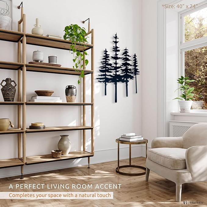 Pine Tree Metal Wall Mounted Art, Large Black Rustic Pine Forest Scene, Handcrafted Metal Home Decor with Static Powder Coating, Indoor/Outdoor Home, Living Room, Farmhouse, Garden, Bedroom Decor, Wall Hanging Sign (18 x 11 inches)