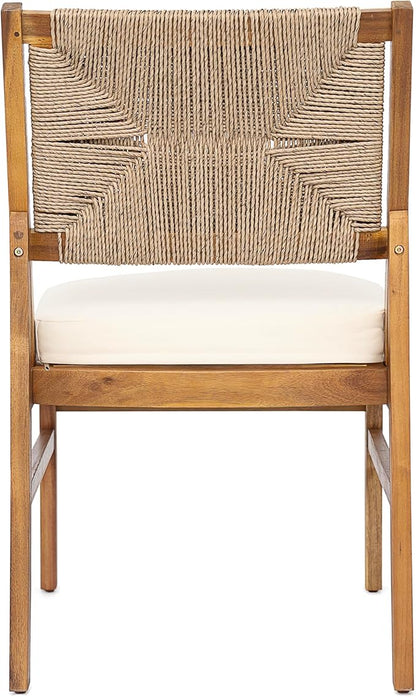 Christopher Knight Home Alan Outdoor Dining Chairs Set of 2, Wicker Woven Back Dining Chairs, Cushion Armless Chair, Hourglass Shaped Design Back, Acacia Wood Chair for Poolside Garden, Teak+Cream