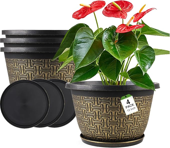 Nooulap 4 Pack 12 Inch Plant Pots,Large-Plant-Flower-Planters-Plastic, Flower Pots Outdoor Indoor with Drainage Holes & Trays, Retro Antique Imitation Decorative Garden Sets for Houseplants