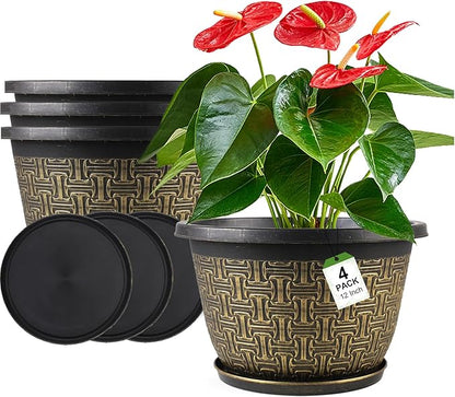 Nooulap 4 Pack 12 Inch Plant Pots,Large-Plant-Flower-Planters-Plastic, Flower Pots Outdoor Indoor with Drainage Holes & Trays, Retro Antique Imitation Decorative Garden Sets for Houseplants