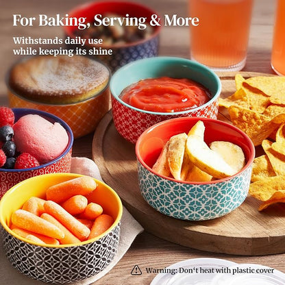 DOWAN 8 oz Ramekins with Lids Oven Safe for Creme Brulee, Ceramic Custard Cups for Baking, Porcelain Souffle Dishes, Small Bowls for Pudding Dip Sauces Charcuterie Dessert, Set of 6, Vibrant Colors